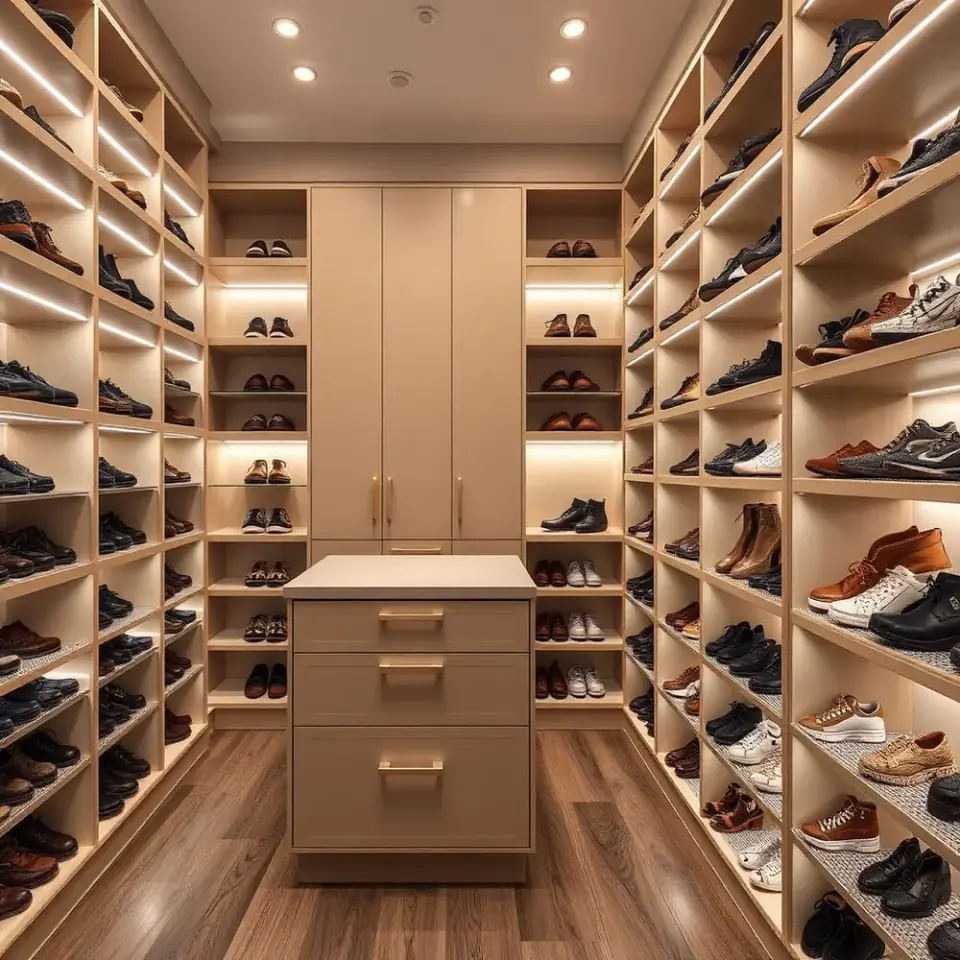 Sapateira de closet planejado com prateleiras iluminadas