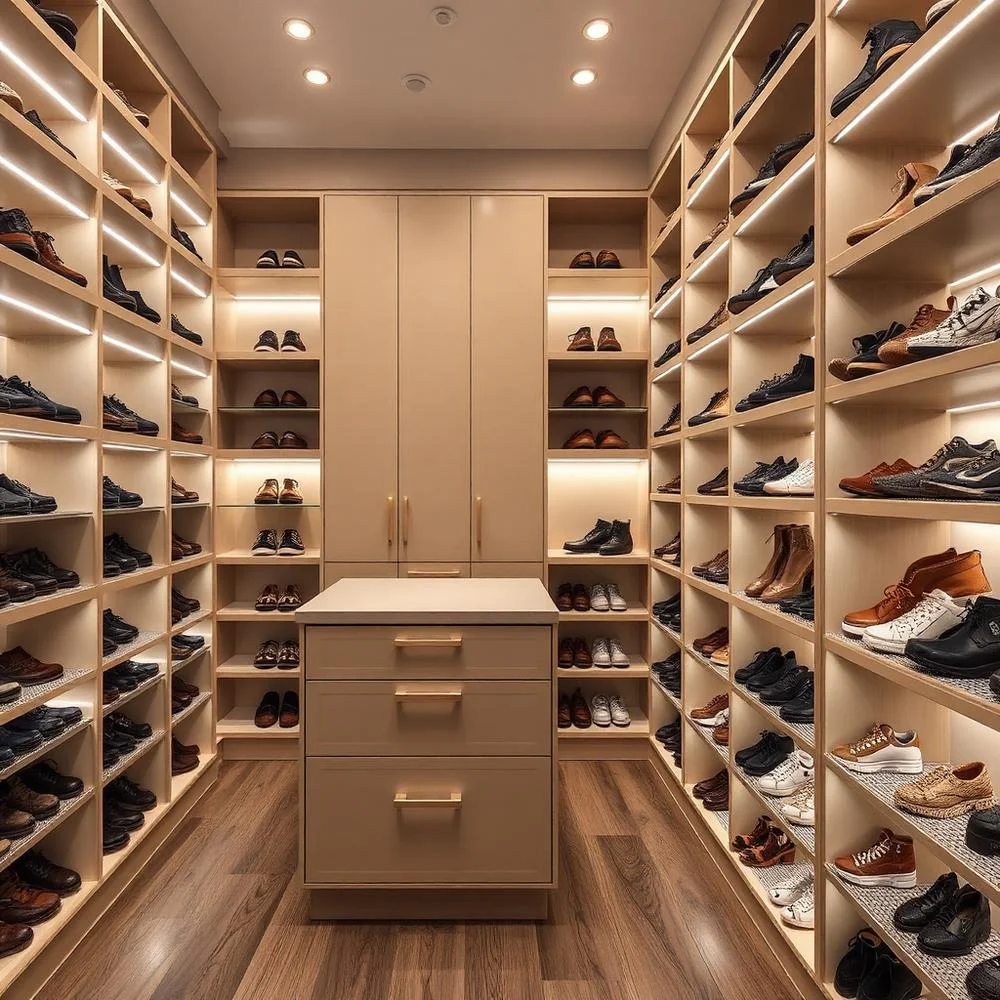 Sapateira de closet planejado com prateleiras iluminadas