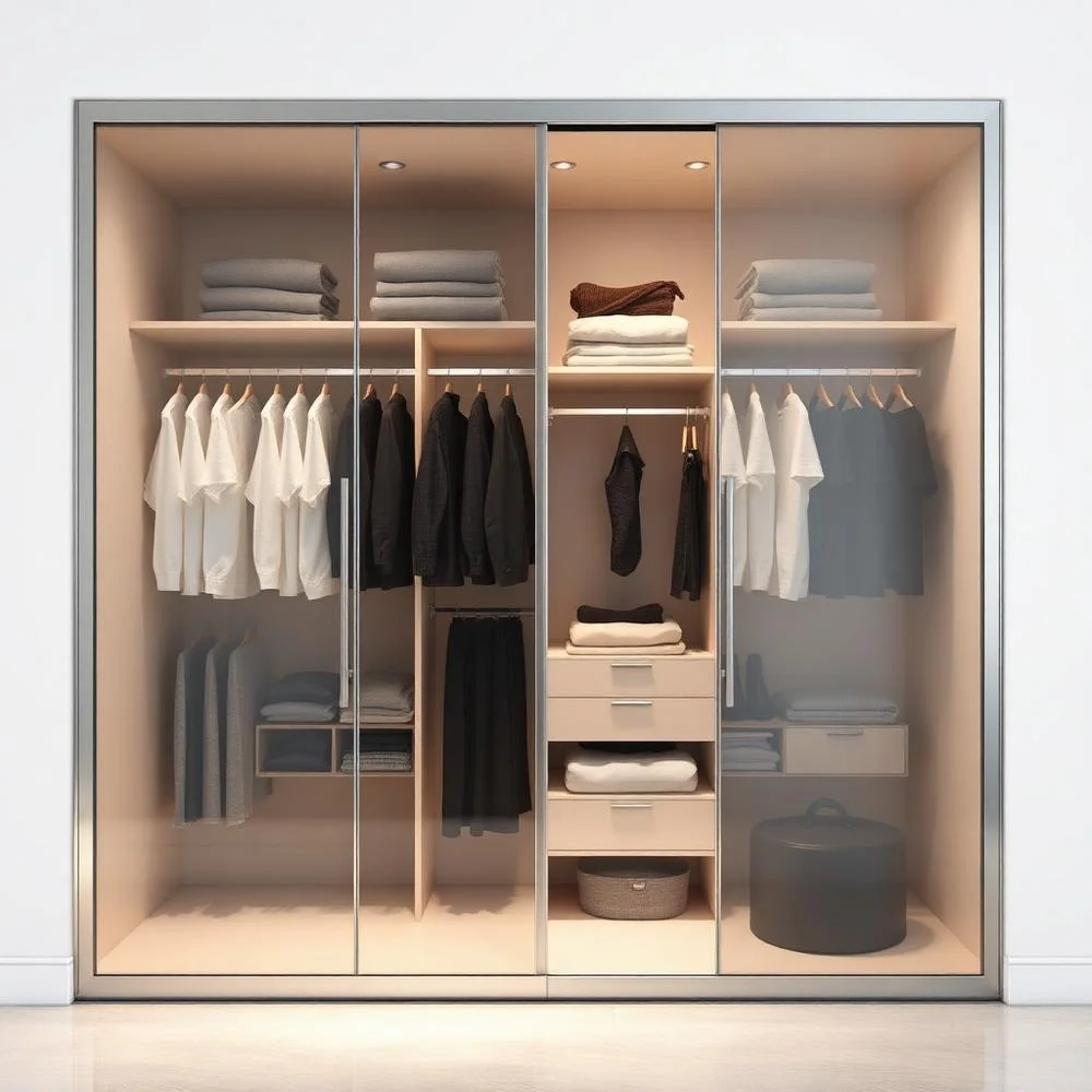 Módulo de closet planejado com portas de vidro e alumínio