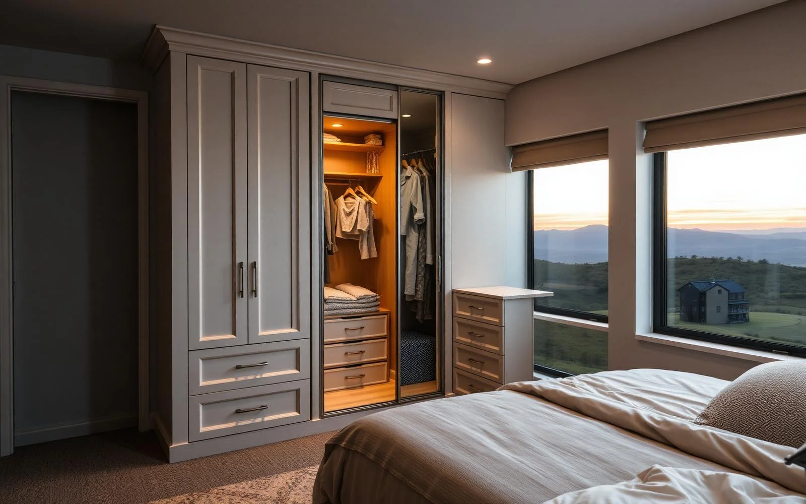 Closet compacto planejado integrado ao quarto