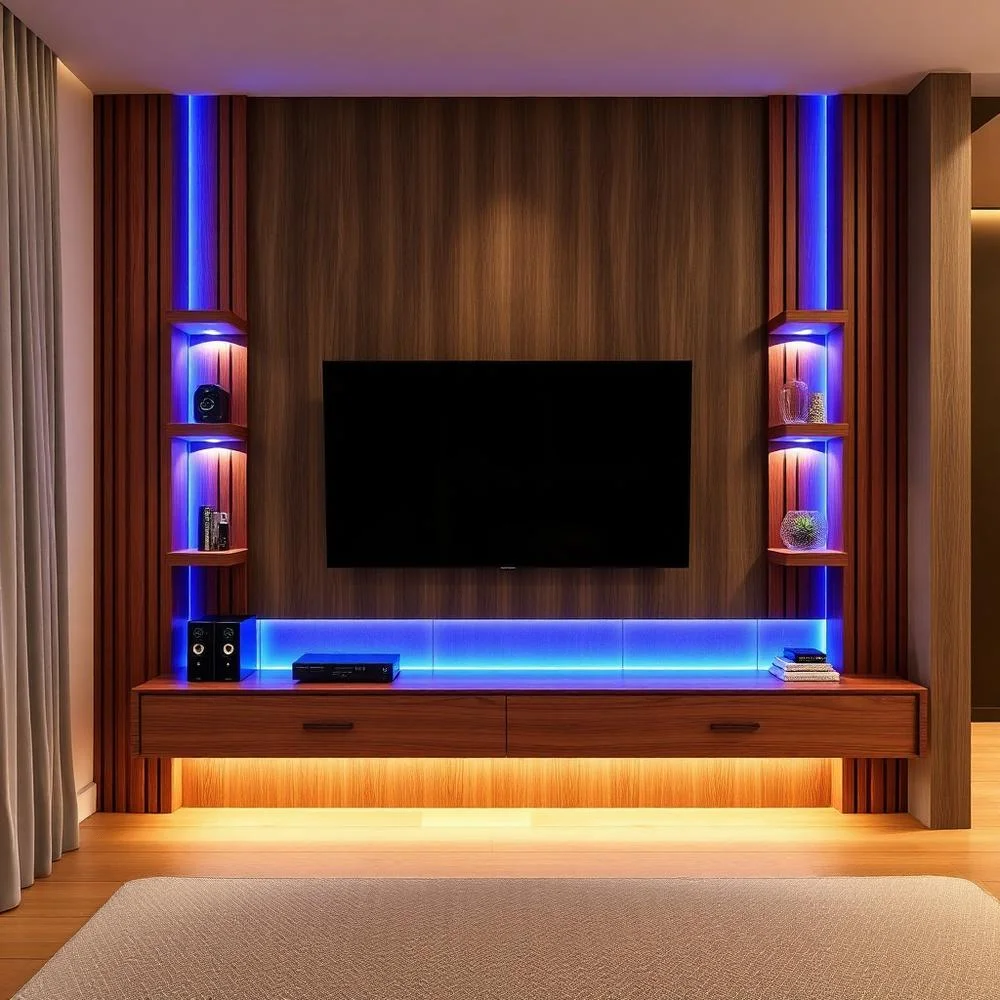Painel de TV planejado para quarto com iluminação em LED
