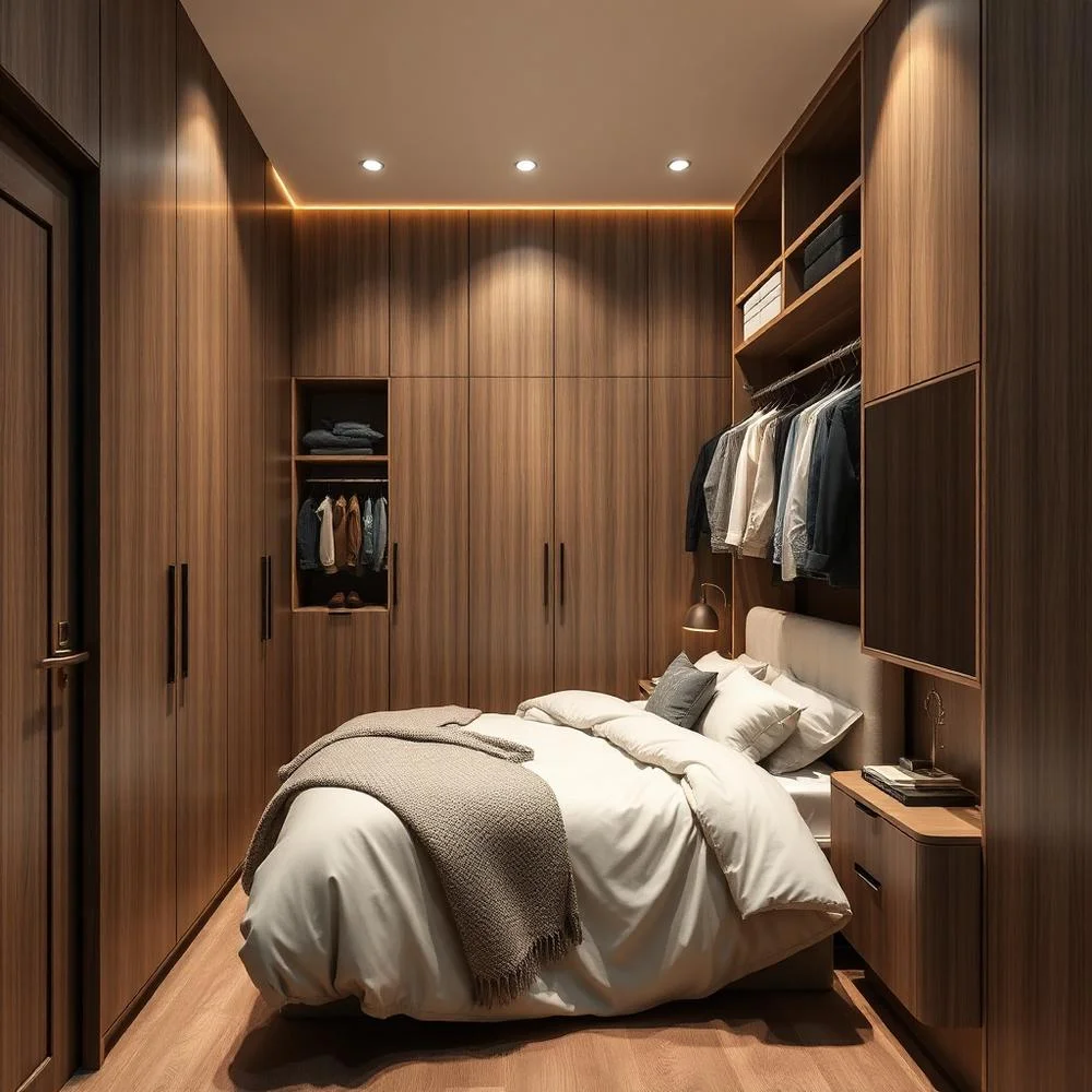 Quarto compacto com guarda-roupa planejado até o teto