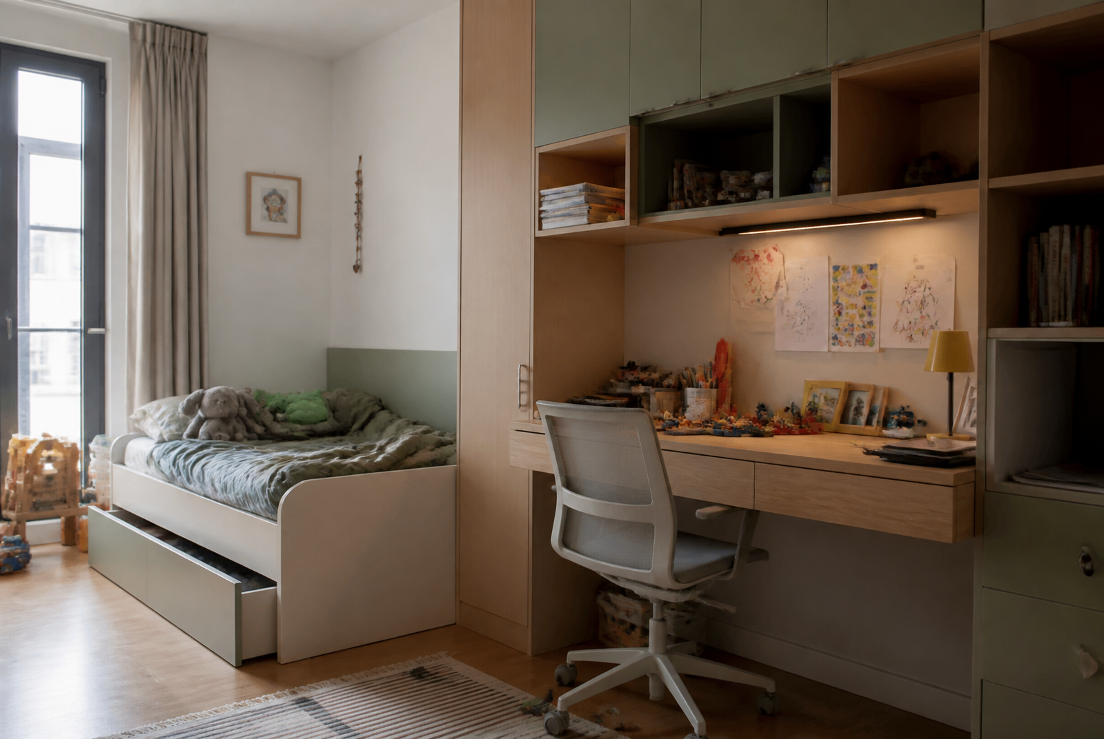 Quarto infantil planejado com escrivaninha e armários em verde