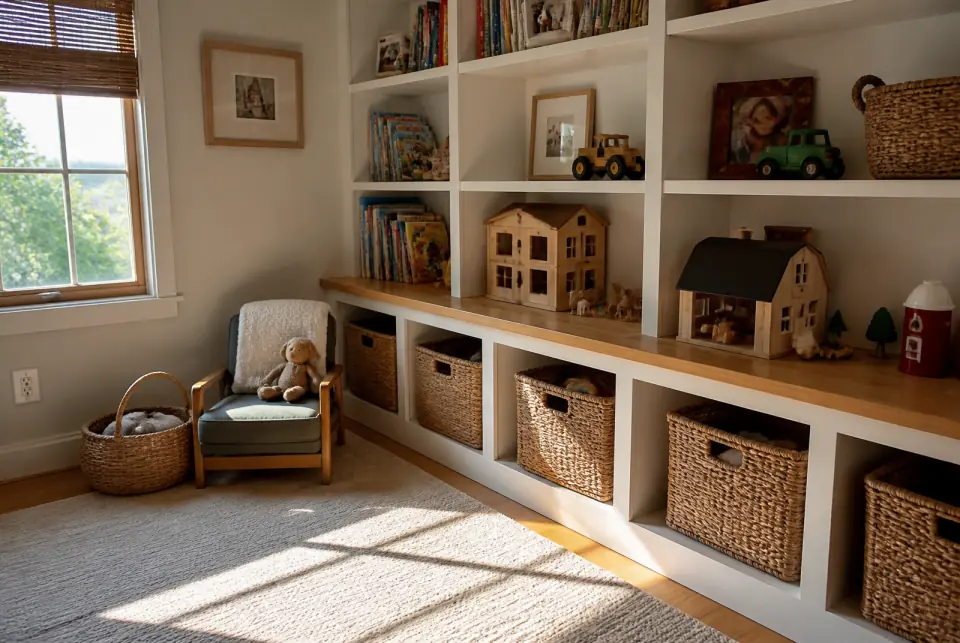 Cantinho de brinquedos com prateleiras planejadas em quarto infantil