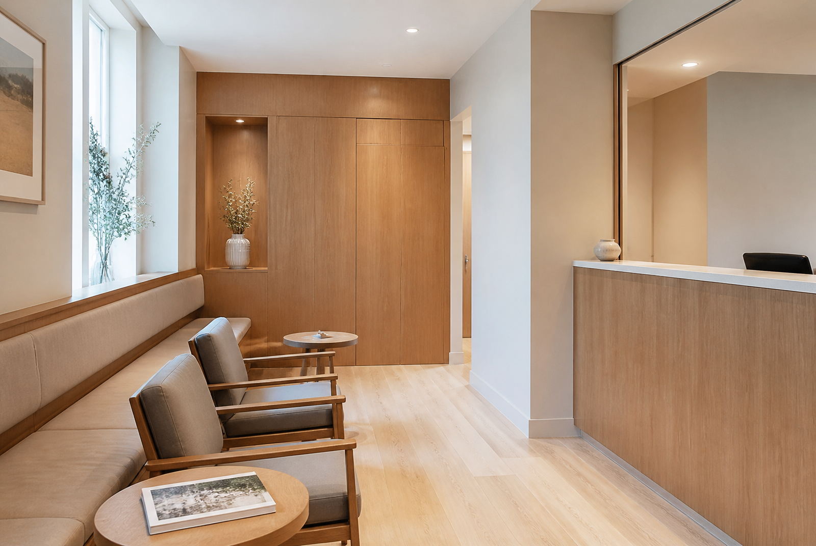 Sala de espera de clínica médica com marcenaria planejada