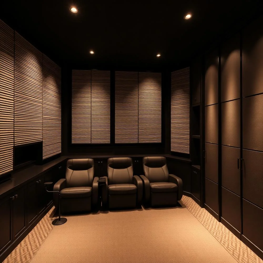 Home theater planejado com painel acústico e marcenaria sob medida